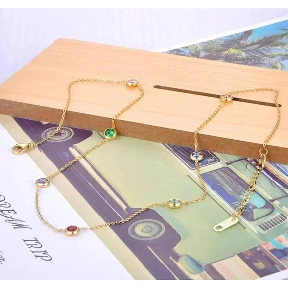 NWT Gold Rainbow Assorted Gemstones Necklace - Cubic Zirconia - Dainty - Picture 1 of 2